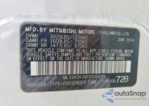 2015 Mitsubishi Mirage De z USA, uszkodzony, nr VIN ML32A3HJ4FH005199